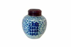 A blue and white porcelain jar with intricate patterns and a wooden lid on a plain background.