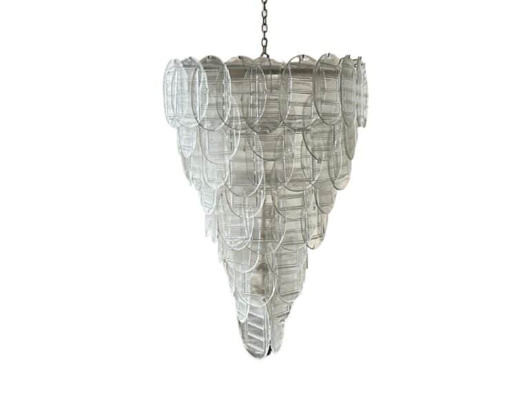 Murano Glass Chandelier, an exquisite piece purchased in Paris, features a hanging design made of layered translucent oval glass pieces in a tiered inverted cone shape.