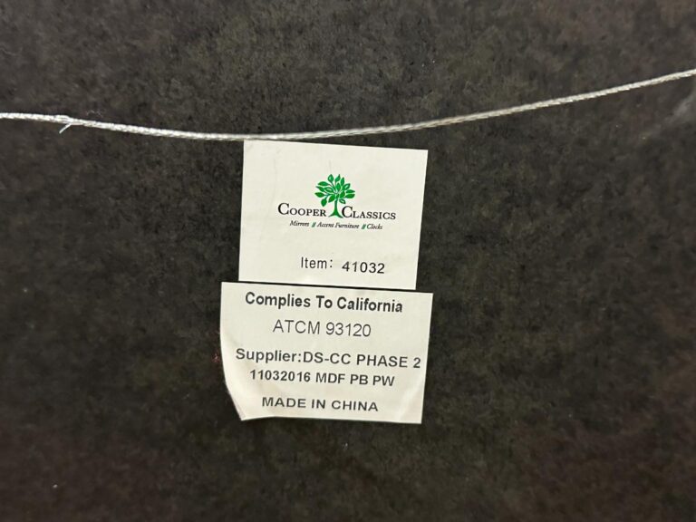 Label with "Cooper Classics" logo, item number 41032, compliance info for California ATCM 93120, and "Made in China" text.