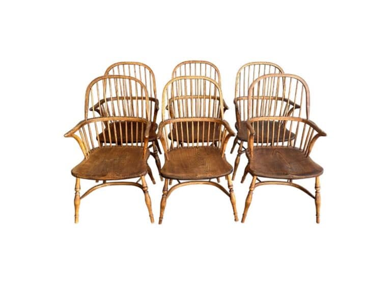 A set of six Antique Pine Windsor Back Arm Chairs arranged in two rows on a white background.