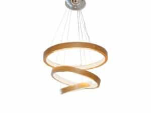 The Cassoni Libe Ring Suspension Lamp, designed by Giampaolo Rampolla & Andrea Liguori in Italy, is a modern spiral-shaped wooden pendant with integrated LED lighting, suspended by wires from a metallic ceiling mount.