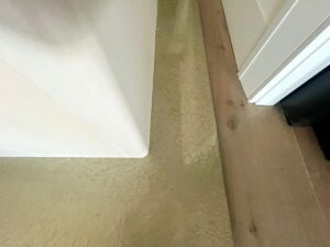 Water flooding a floor near a corner between walls and a door.