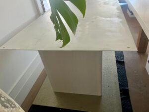 A white rectangular table with a large green leaf protruding from the surface is placed on a light-colored carpet.