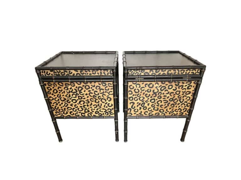 A pair of square side tables from the Faux Bamboo and Leopard Print collection features black frames and leopard print panels, set against a white background.