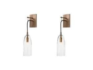 The Holly Hunt Lure Sconces by Alison Berger Glassworks, a pair of wall-mounted pendant lights with bronze fixtures and glass shades, are displayed against a plain background.