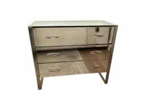 A sleek, mirrored Modern Mirrored Dresser featuring three drawers and stylish metal handles, set against a white background.