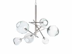 The Regina Andrews Molten Chandelier in Polished Nickel features an abstract design with metal rods and six clear glass globe shades.