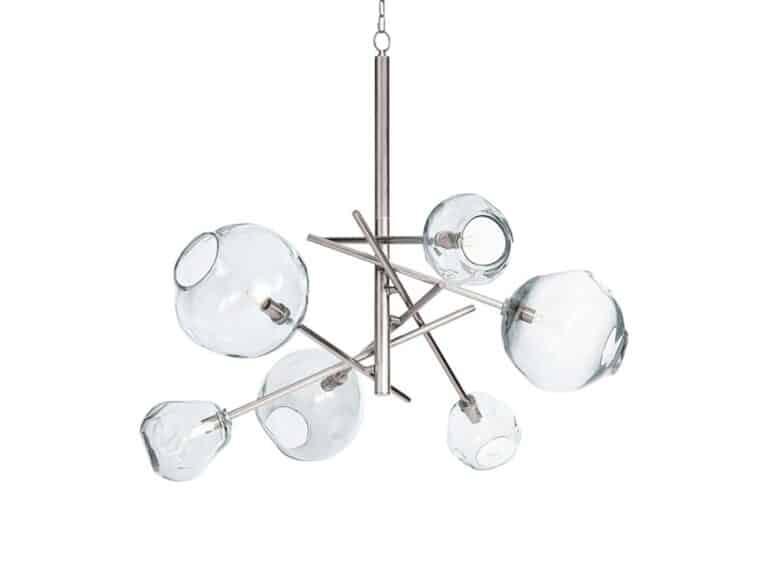 The Regina Andrews Molten Chandelier in Polished Nickel features an abstract design with metal rods and six clear glass globe shades.