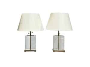 A pair of Thomas O'Brien for Visual Comfort small block table lamps featuring rectangular glass bases and white conical lampshades on a white background.