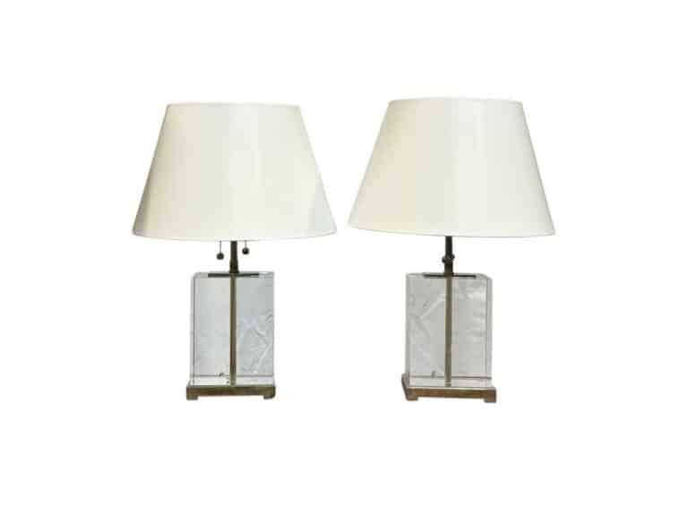 A pair of Thomas O'Brien for Visual Comfort small block table lamps featuring rectangular glass bases and white conical lampshades on a white background.