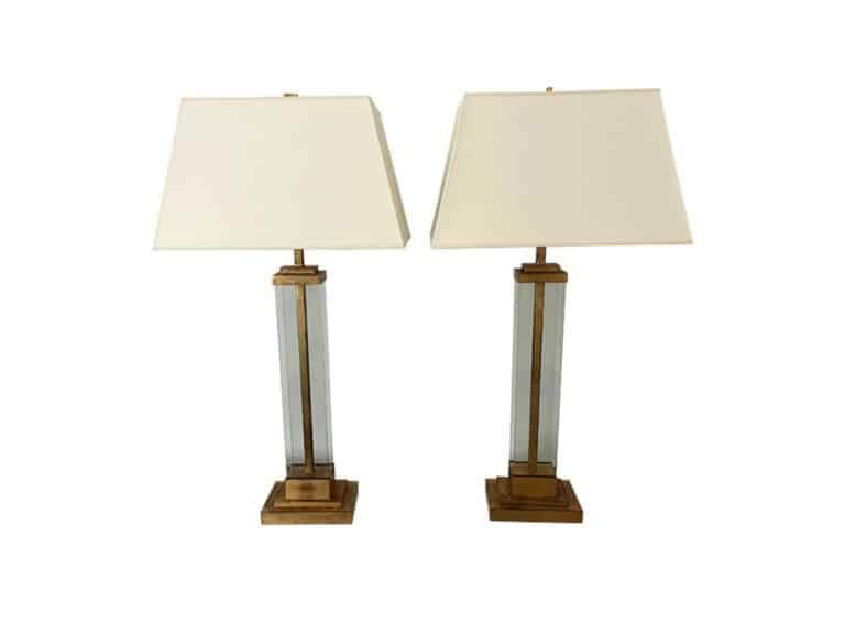 Two Visual Comfort Wright Table Lamps with rectangular white shades and bronze mirrored bases are shown on a white background.