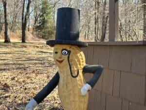 Cast iron "life-size" Mr. Peanut statue featuring a top hat and monocle placed in a wooded area.