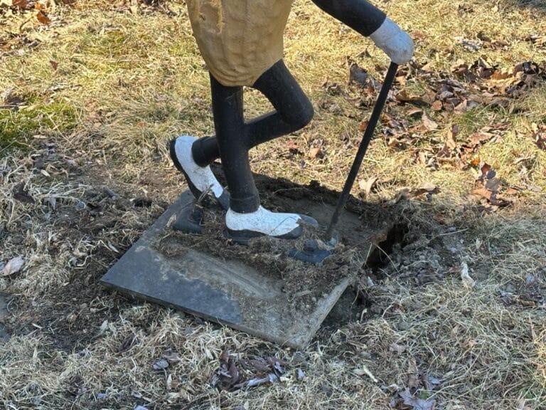 A partially buried Cast Iron "Life Size" Mr. Peanut Statue surrounded by dry grass depicts a person walking with a cane.