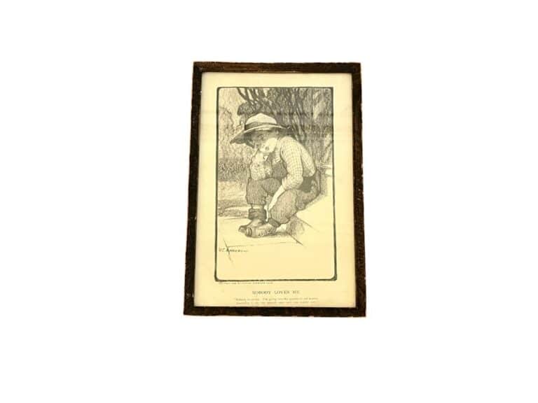 Antique framed VC Andrews sketch titled "Nobody Loves Me," featuring a person in a hat outdoors, with text below on a white background. Copyright 1906 by Charles Scribner & Sons.