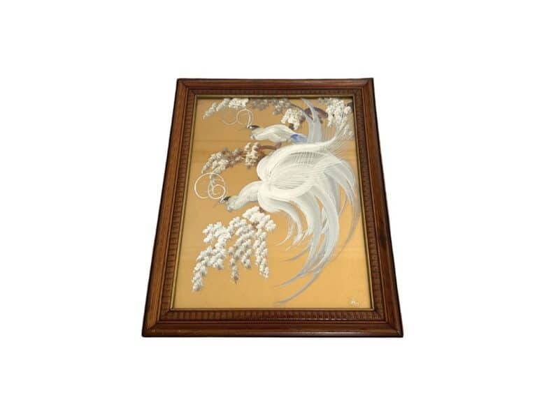 The Birds of Paradise Painting features elegant white birds and floral motifs on a tan background, signed lower right.