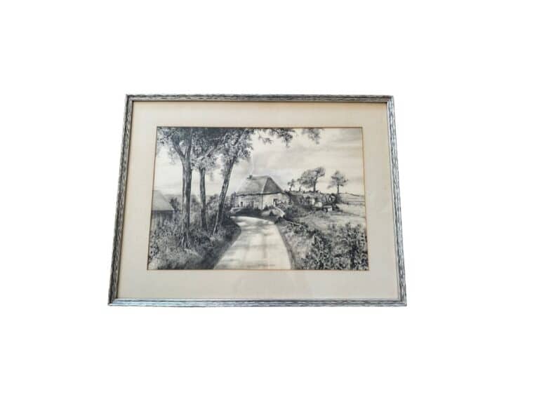 A signed Sussex House etching depicts a rural scene of a thatched cottage, winding road, and trees in monochrome.