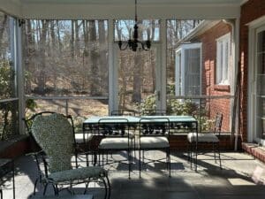 Screened porch furnished with the Vintage Wrought Iron Grapevine Dining Set, a chandelier, and a cushioned lounge chair as sunlight filters through bare trees.