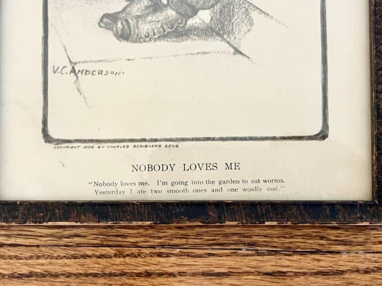 Illustration with caption: "Nobody Loves Me" about eating worms, in antique wooden frame. Copyright 1906 by Charles Scribner & Sons; print from VC Andrews collection.