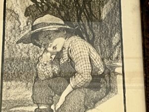 An antique framed VC Andrews "Nobody Loves Me" print, copyright 1906 by Charles Scribner & Sons, depicts a child in overalls and a hat, sitting thoughtfully on steps, with their hand on their cheek.