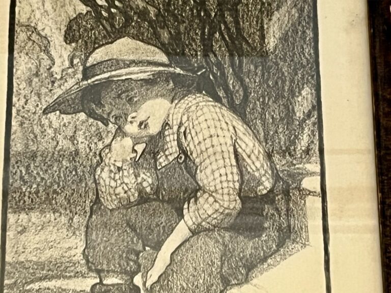 An antique framed VC Andrews "Nobody Loves Me" print, copyright 1906 by Charles Scribner & Sons, depicts a child in overalls and a hat, sitting thoughtfully on steps, with their hand on their cheek.