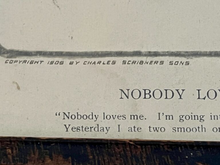 Text showing "Copyright 1906 by Charles Scribner & Sons" and "Nobody Loves Me" from an antique framed VC Andrews print.