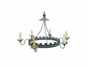 A rustic Blue Tole Six-Light Chandelier featuring six candle-shaped bulbs and a medieval-style, castle-like circular metal frame.