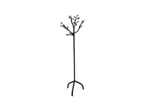 Black metal coat rack with a tree-branch design and three legs, set against a white background.