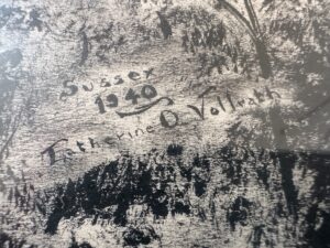 Text on a textured surface reads: "Sussex House Etching, Signed Lower Right Katherine O Vollath.