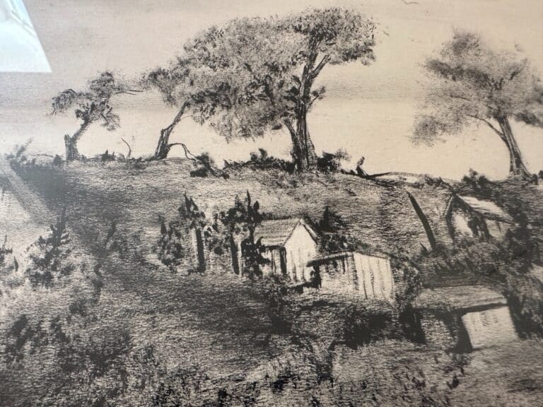 Signed Sussex House Etching depicting homes and trees on a hillside beneath a cloudy sky.