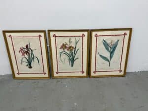 A set of three framed Pierre Joseph Redoute botanicals with red borders leans against a white wall on a gray floor.