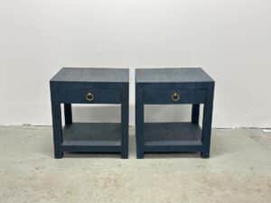 Two Serena & Lily Driftway One-Drawer Nightstands with gold handles in navy blue against a plain white wall.