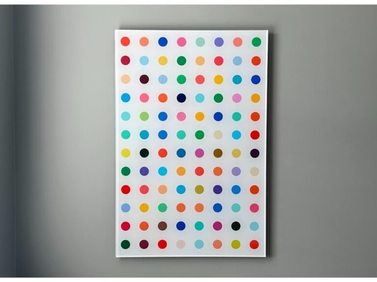 A white-framed artwork featuring a grid of colorful dots on a light gray wall.