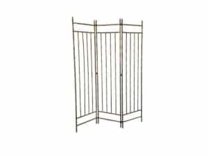The Maison Bagues Gilt Bamboo Metal Folding Screen is a three-panel metal room divider featuring a minimalist vertical bar design, shown against a white background.