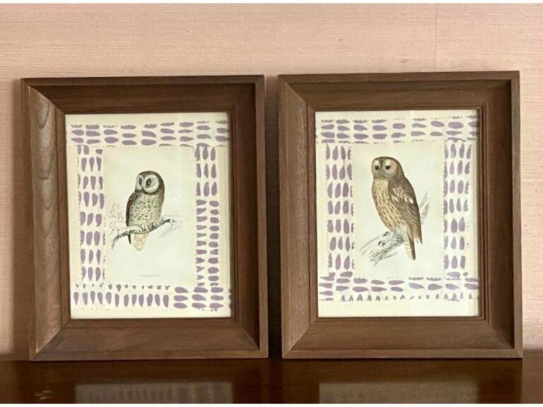 Two Framed Owl Prints with patterned purple borders are displayed side by side on a wooden surface.