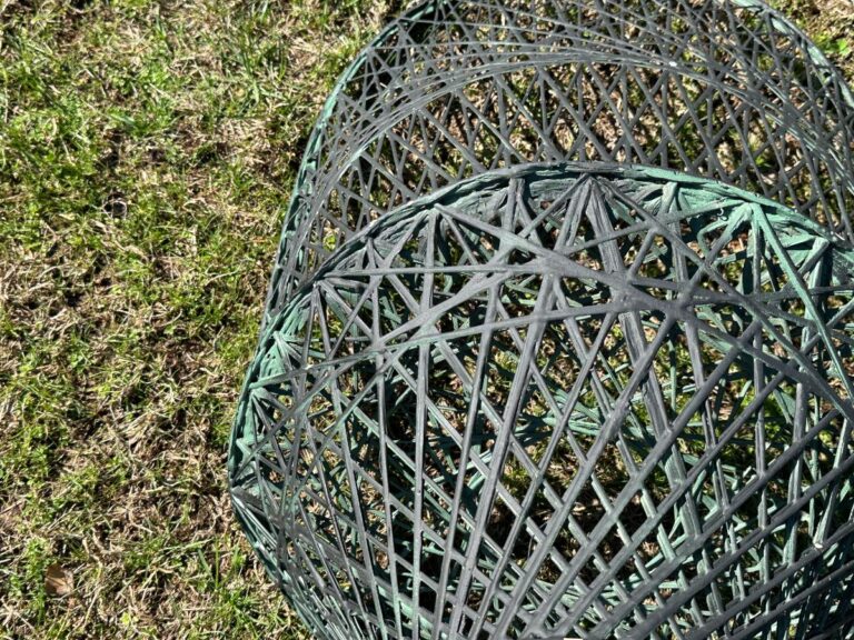 Close-up of two round, green wire garden domes on grass, casting intricate shadows.